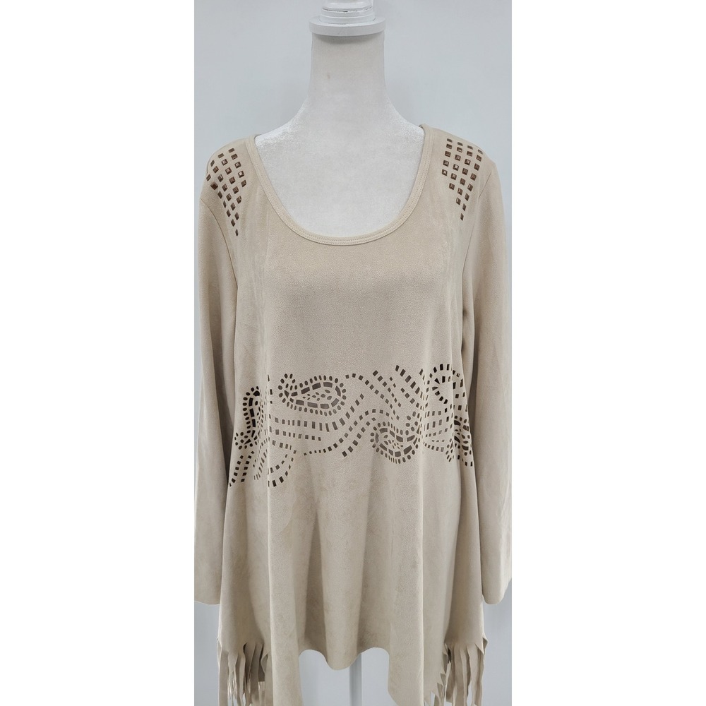 Faux Suede Fringe Top Large Long Sleeve Laser Cutout Embellished Boho Western